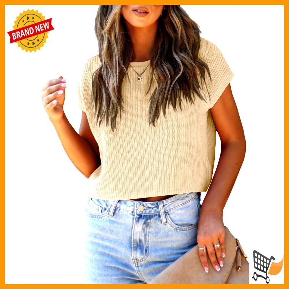 Cropped Sweater Vest Cap Sleeve Crewneck Lightweight Knit Pullover Top Y2K